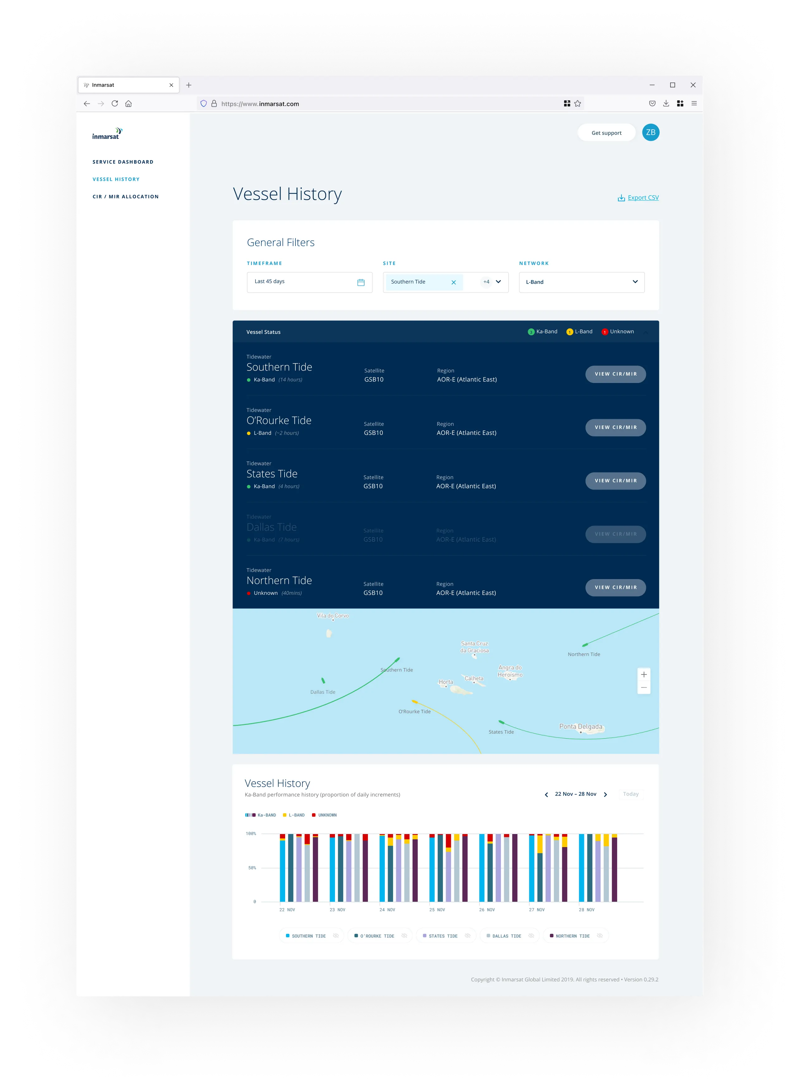 Elsewhen Inmarsat User Interface Screens giving customers data insights for better operational decisions