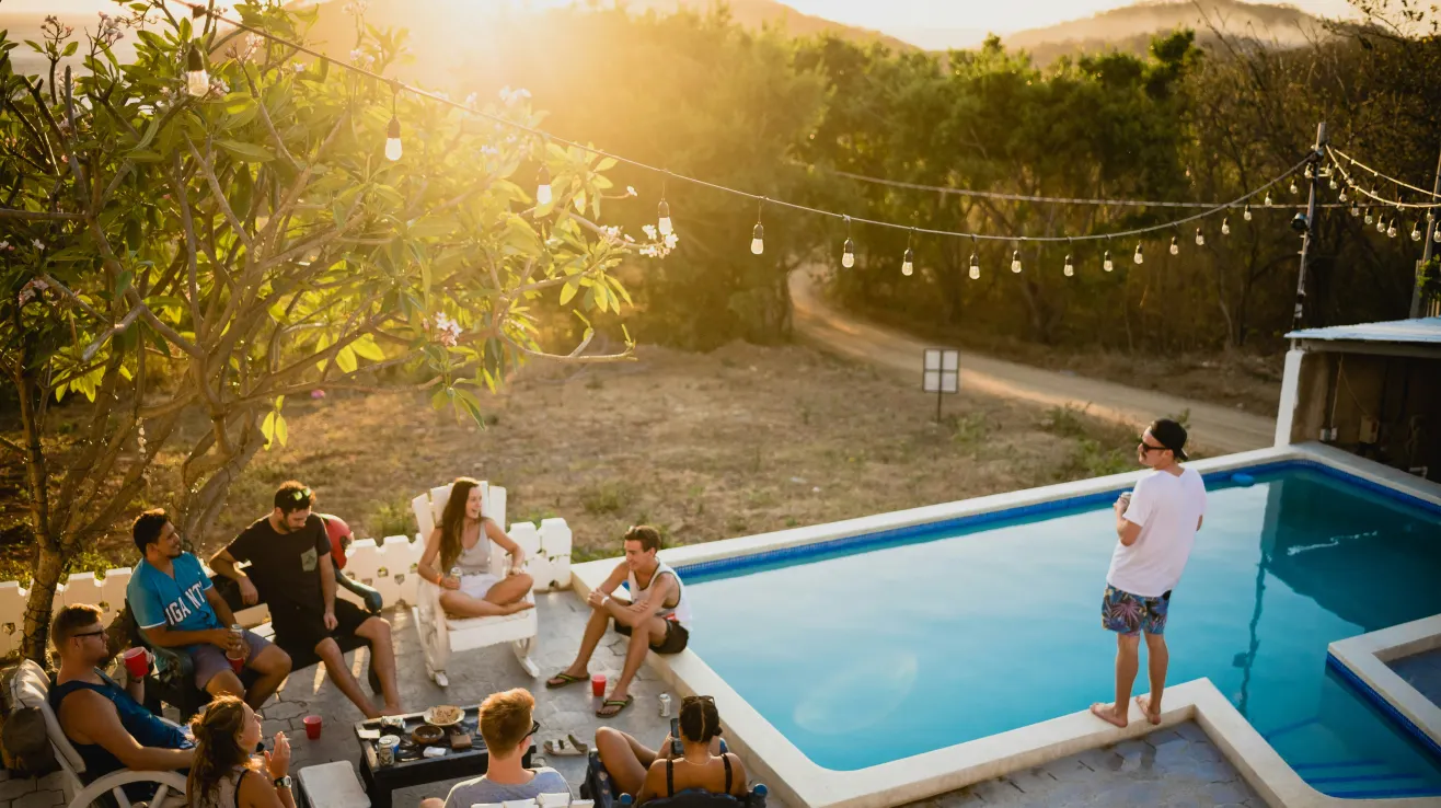 Mass affluent group in poolside garden