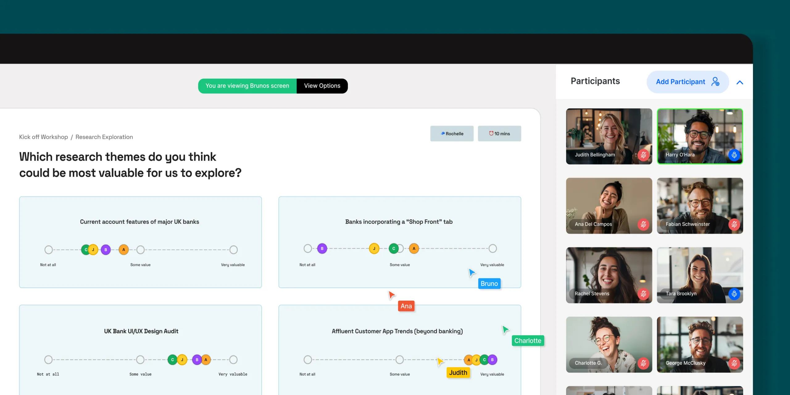 Virtual workshop interface showing participants voting on research themes, with video feeds of attendees on the side.